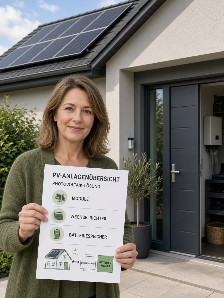 Hausbesitzerin mit PV-Anlagenübersicht vor einem Eigenheim