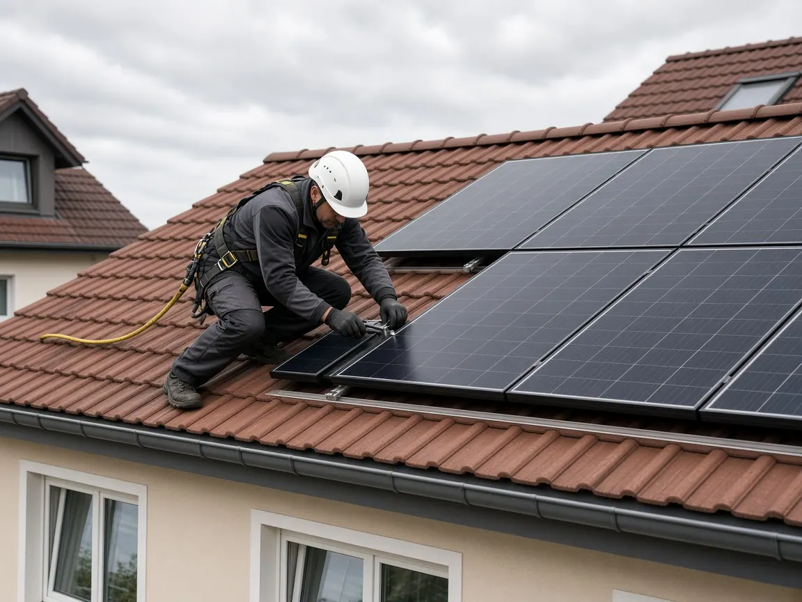 Fachkraft installiert Photovoltaikmodule auf einem Wohnhaus