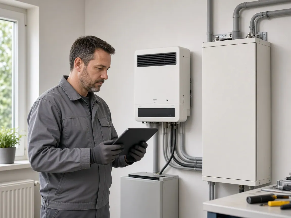 Techniker prüft Wechselrichter und Speicher einer PV-Anlage